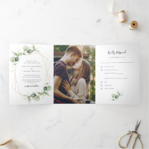 Eucalyptus Watercolor Photo Wedding All in One Tri-Fold Invitation
