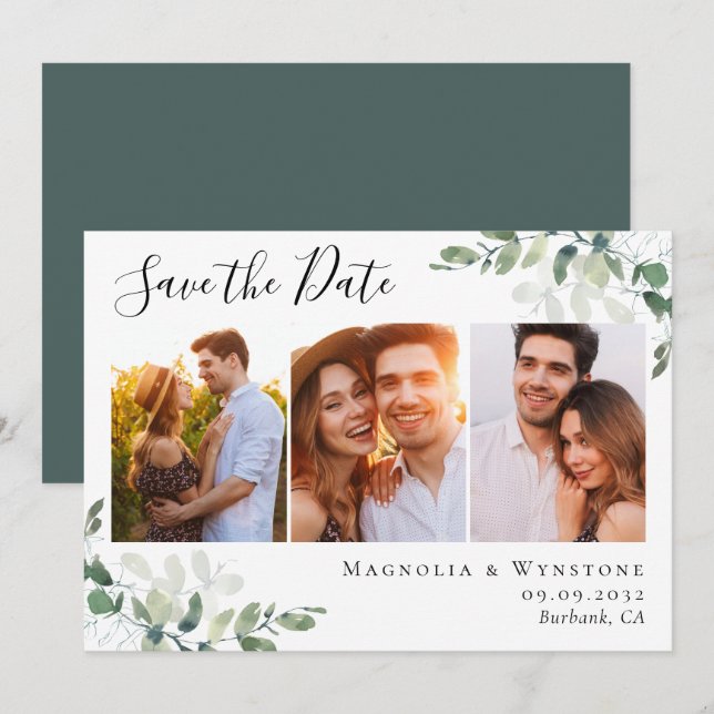 Eucalyptus Watercolor Photo Wedding  Save The Date (Front/Back)