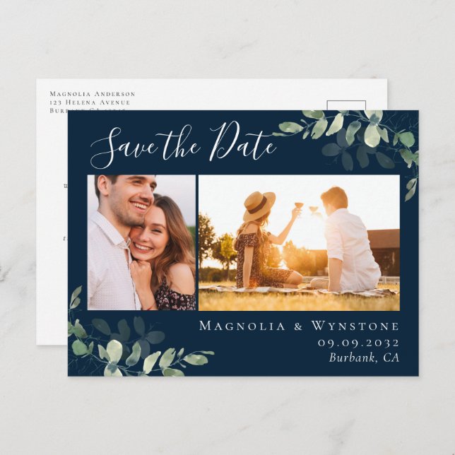 Eucalyptus Watercolor Photo Wedding Save the Date  Postcard (Front/Back)
