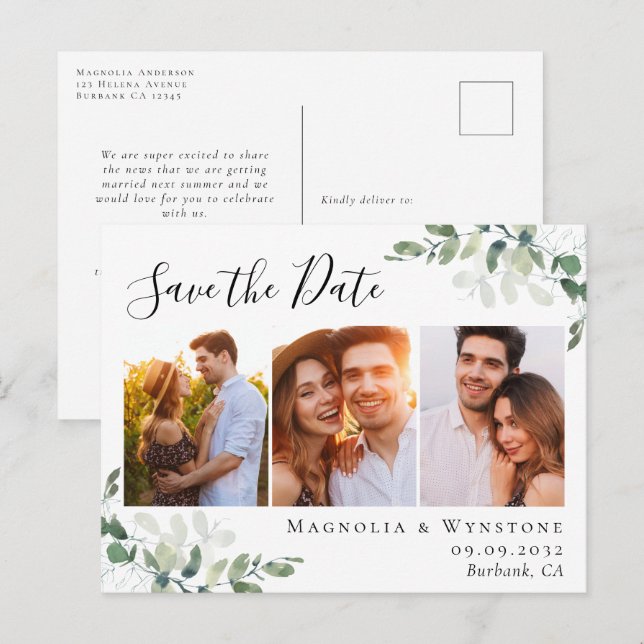 Eucalyptus Watercolor Photo Wedding Save the Date  Postcard (Front/Back)