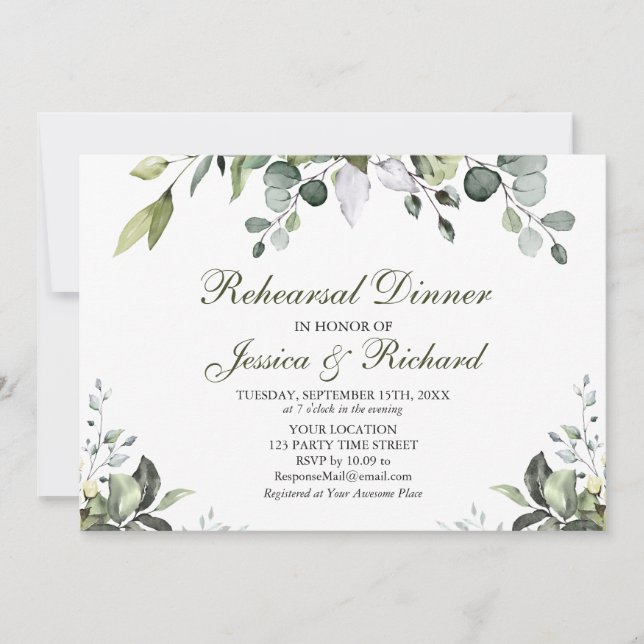 Eucalyptus Watercolor Rehearsal Dinner Invitation (Front)
