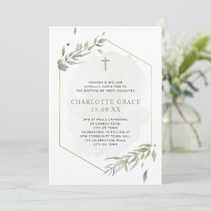 Eucalyptus Watercolor Sage Green & Gold Baptism Invitation