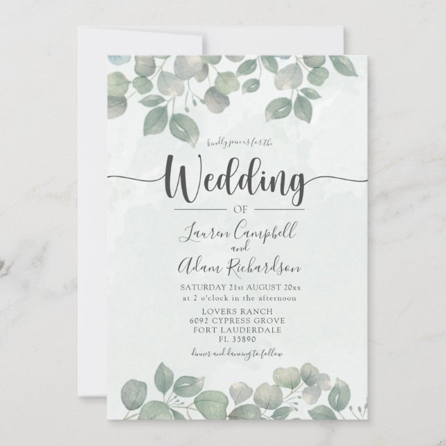Eucalyptus watercolor  Sage Green Wedding Invitation (Front)