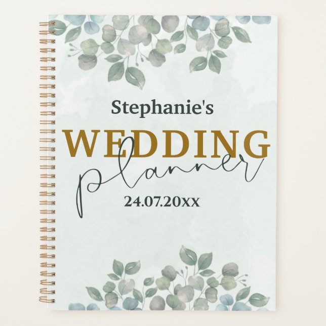 Eucalyptus Watercolor Sage Green Wedding Planner (Front)