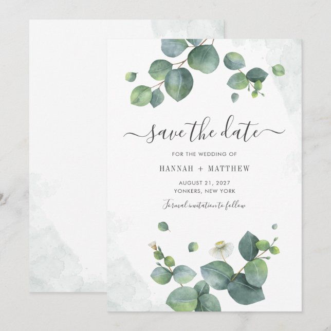 Eucalyptus Watercolor Script Greenery Botanical Save The Date (Front/Back)