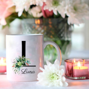 Eucalyptus Watercolor script monogram coffee mug