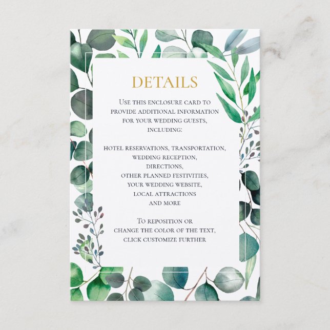Eucalyptus Watercolor Wedding Invitation, Details Enclosure Card (Front)