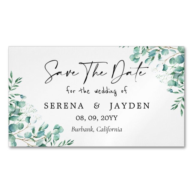  Eucalyptus Watercolor Wedding Save the date Magnetic Business Card (Front)