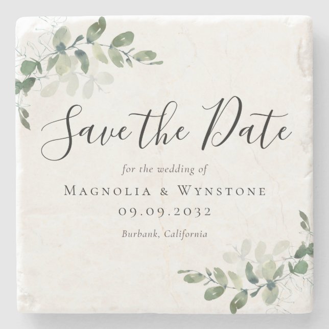 Eucalyptus Watercolor Wedding Save The Date Stone Coaster (Front)