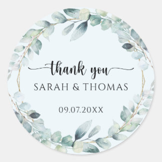 Eucalyptus Watercolor Wreath Wedding Thank You Classic Round Sticker