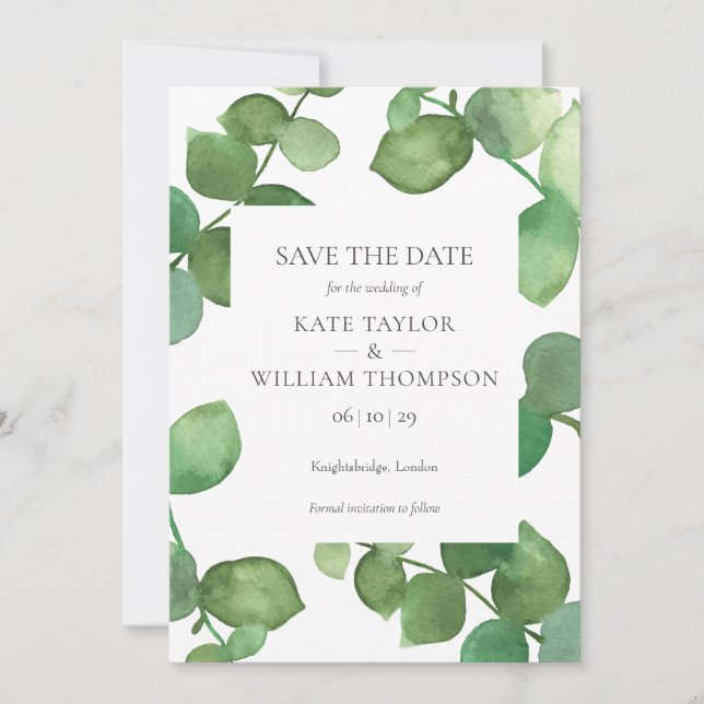 Eucalyptus Watercolour Greenery Save the Date Card (Front)