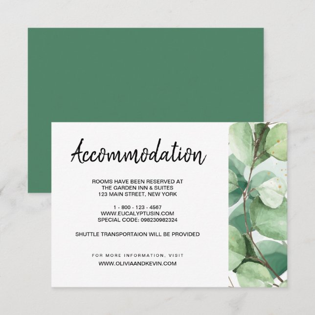 Eucalyptus wedding accommodations details card (Front/Back)