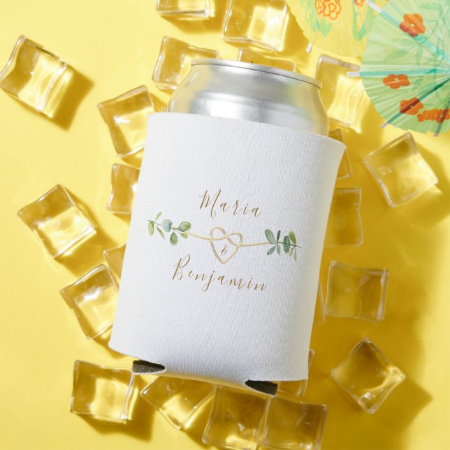 Eucalyptus Wedding Can Cooler with Custom Names (In Situ Summer)