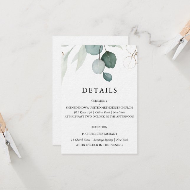 Eucalyptus Wedding Details Card (Front/Back In Situ)