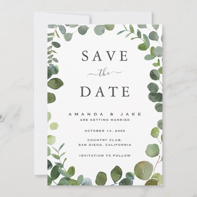 Eucalyptus Wedding Flat Save The Date Card (Front)