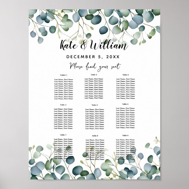 Eucalyptus wedding floral Table plan party/wedding Poster (Front)