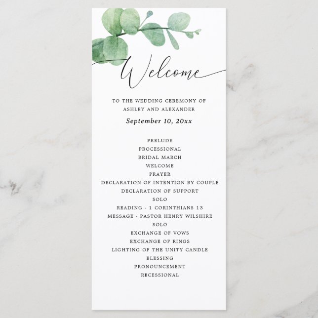 Eucalyptus Wedding | Greenery Botanical Ceremony Programme (Front)