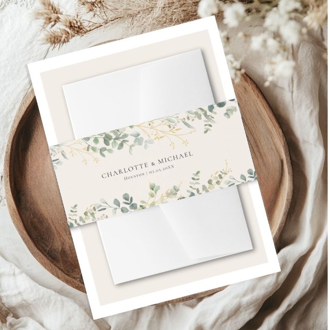 Eucalyptus Wedding Handwriting Script Wedding  Invitation Belly Band (Eucalyptus Wedding Invitation Belly Band. Beige-White-Green. With your name and date.)
