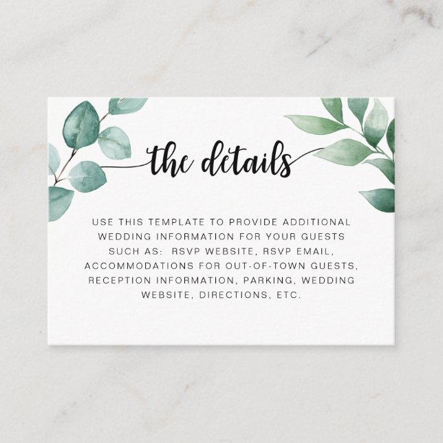 Eucalyptus wedding information details card (Front)