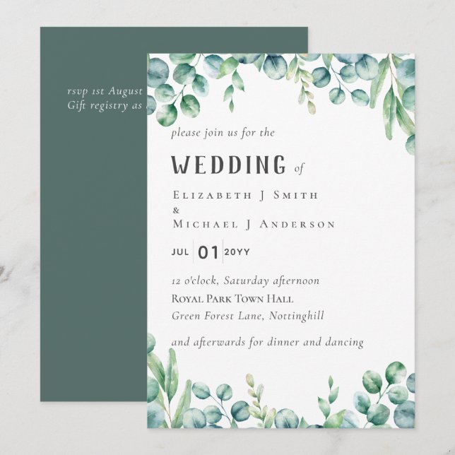 Eucalyptus Wedding Invitation Budget Greenery Leaf (Front/Back)