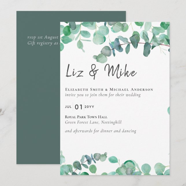 Eucalyptus Wedding Invitation Budget Greenery Leaf (Front/Back)