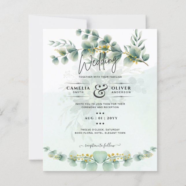 Eucalyptus Wedding Invitation Modern Greenery Gold (Front)