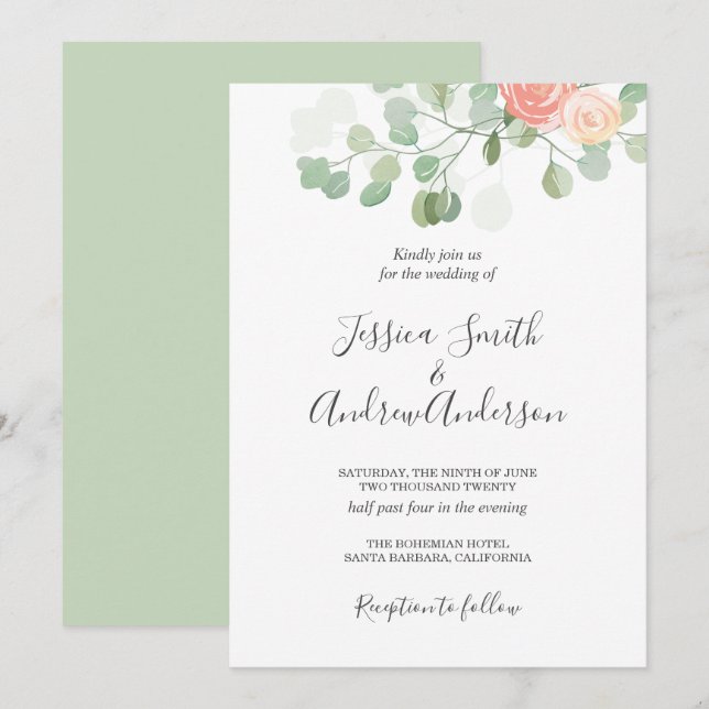 Eucalyptus Wedding Invitation Rustic Greenery Boho (Front/Back)
