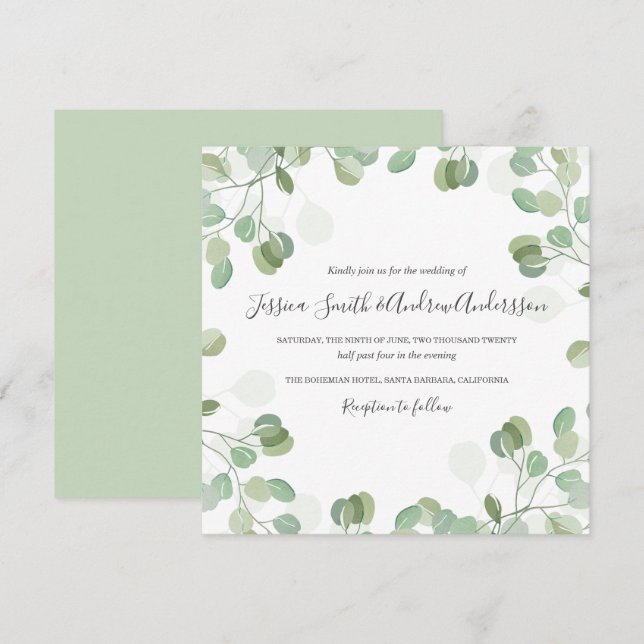 Eucalyptus Wedding Invitation Rustic Greenery Boho (Front/Back)