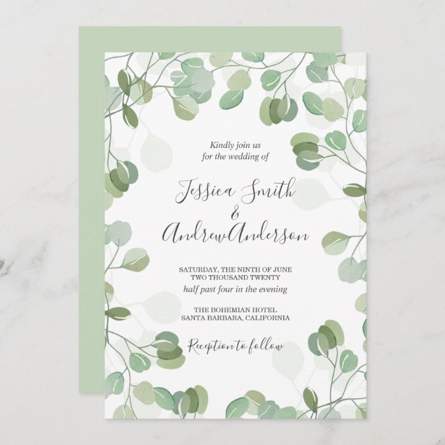 Eucalyptus Wedding Invitation Rustic Greenery Boho (Front/Back)
