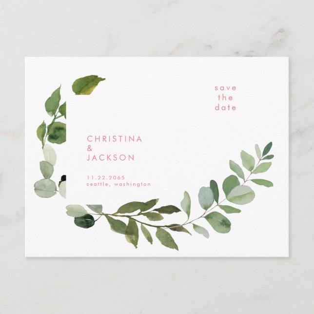  Eucalyptus Wedding  Pink Text Save the Date  Postcard (Front)