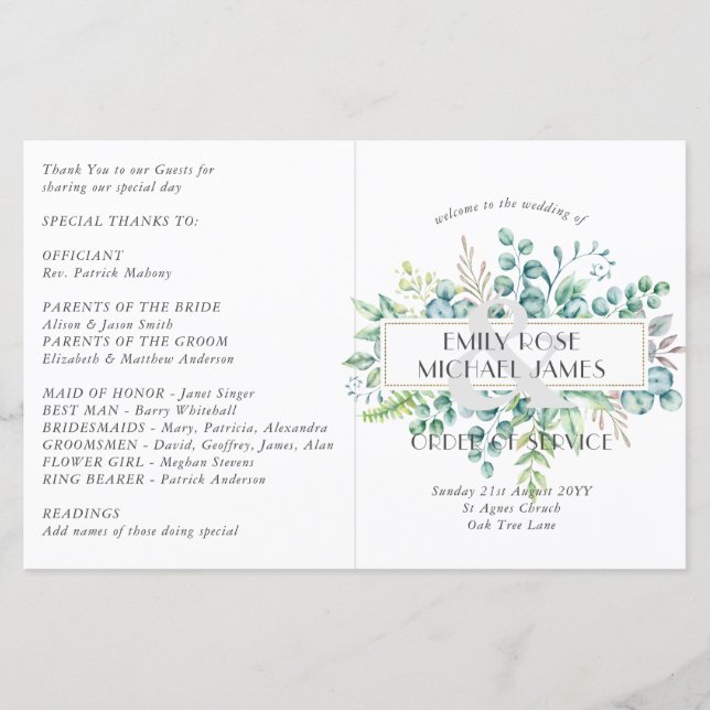 Eucalyptus Wedding Program  Greenery Leaves (Front)