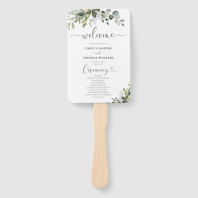 Eucalyptus Wedding Program Hand Fan (Front)