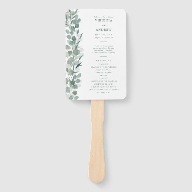 Eucalyptus Wedding Program Hand Fan (Front)