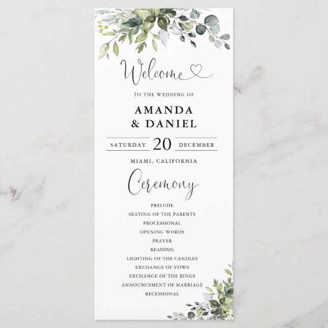 Eucalyptus Wedding Program Programme (Front)