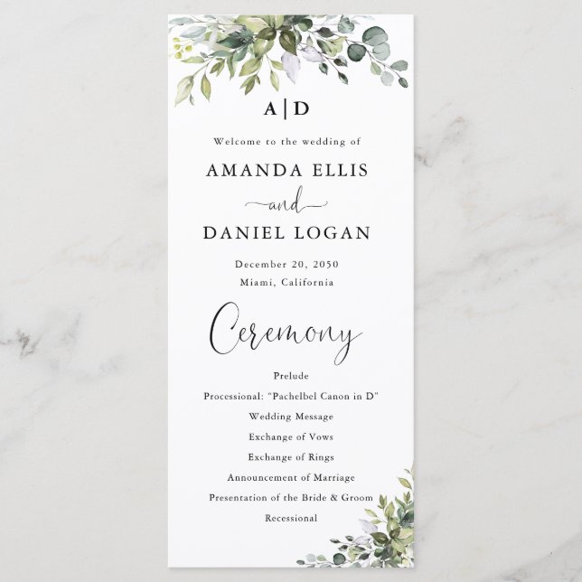 Eucalyptus Wedding Program Programme (Front)