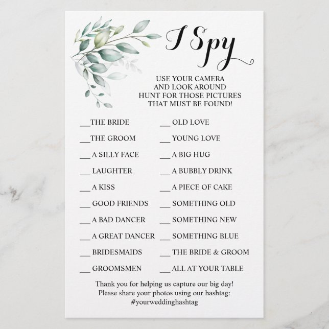 Eucalyptus Wedding Reception I Spy Game Card (Front)
