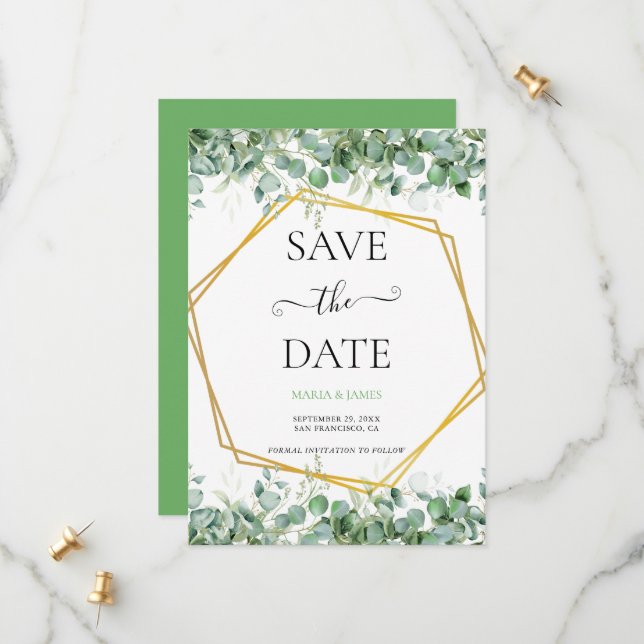 Eucalyptus Wedding Save the Date Card – Greenery  (Front/Back In Situ)