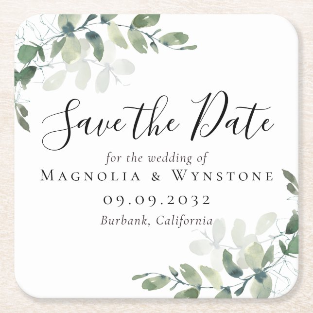 Eucalyptus Wedding Save The Date Square Paper Coaster (Front)