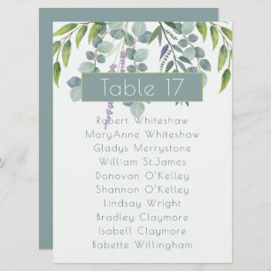 Eucalyptus Wedding Seating Table Number Names List