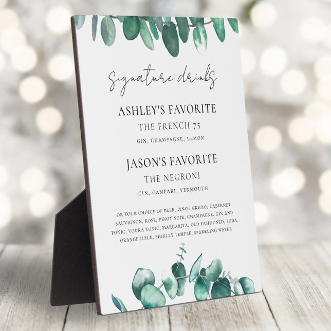 Eucalyptus Wedding Signature Drinks Sign, Cocktail Plaque (Creator Uploaded)