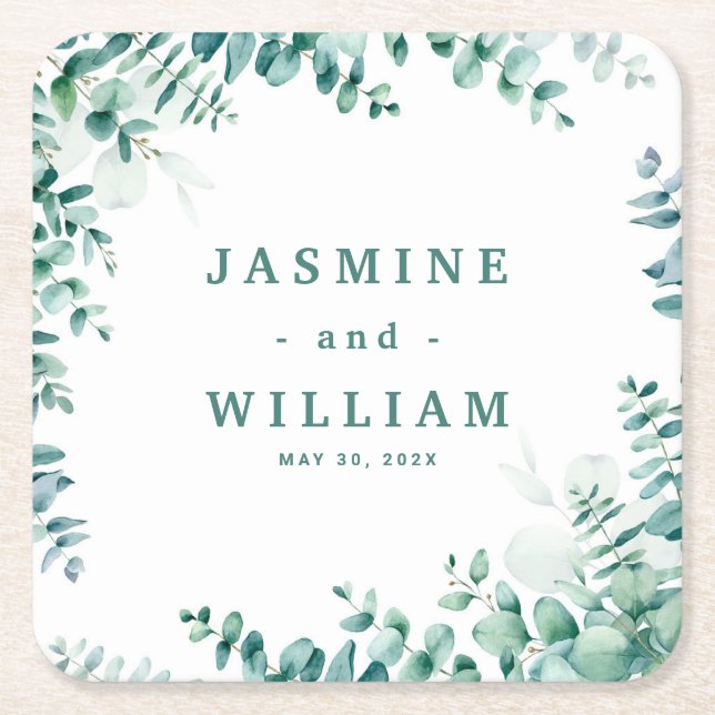 Eucalyptus  Wedding Square Paper Coaster (Front)