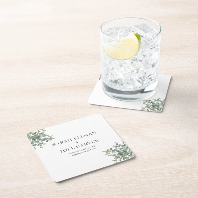 Eucalyptus Wedding Square Paper Coaster (Insitu)