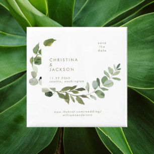 Eucalyptus Wedding Square Save the Date Gold Text Magnet