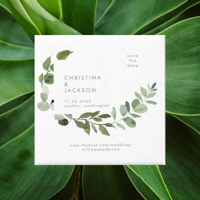 Eucalyptus Wedding Square Save the Date Gold Text Magnet (Creator Uploaded)