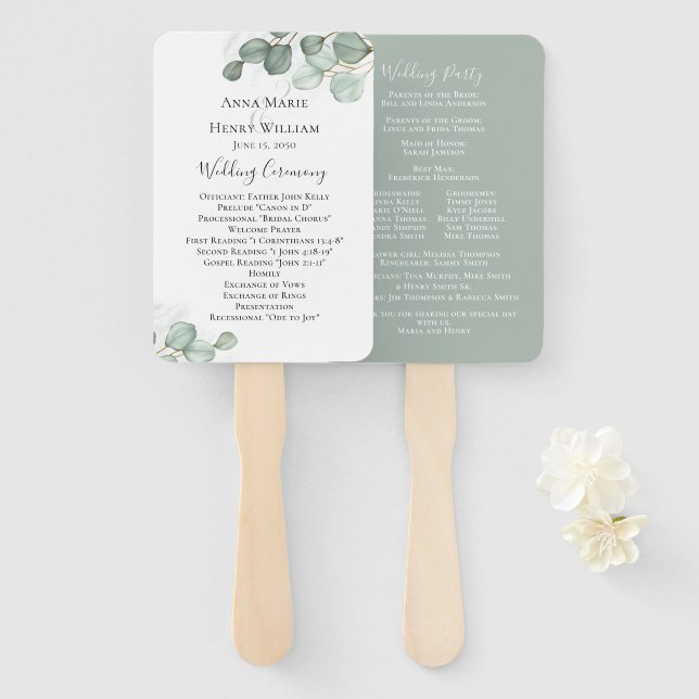 Eucalyptus Wedding Watercolor Foliage Leaves  Hand Fan (Front and Back)
