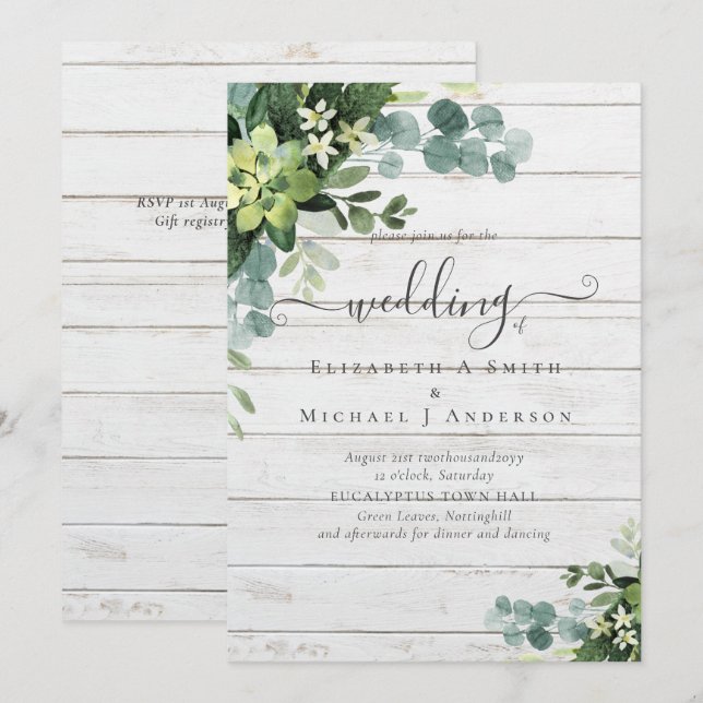 Eucalyptus Wedding Watercolor Greenery Invitations (Front/Back)