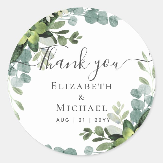 Eucalyptus Wedding - Watercolor Greenery Leaves Classic Round Sticker (Front)