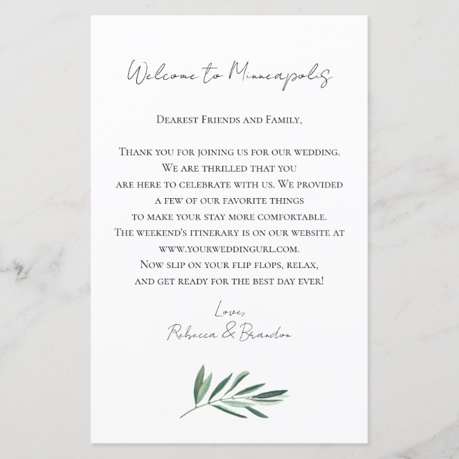 Eucalyptus Wedding Welcome Bag Letter (Front)