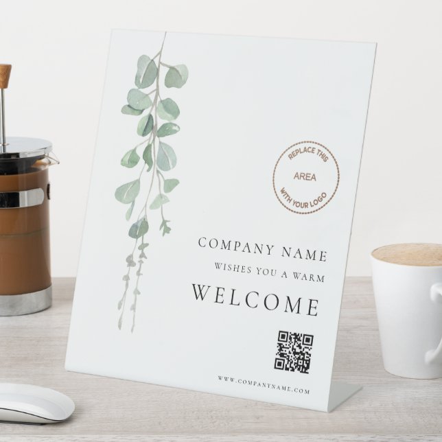 Eucalyptus Welcome Company Your Logo QR Code Pedestal Sign (In SItu)