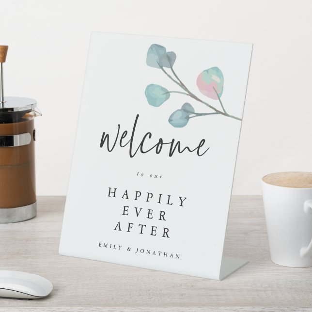 Eucalyptus Welcome to Happily Ever After Wedding Pedestal Sign (In SItu)